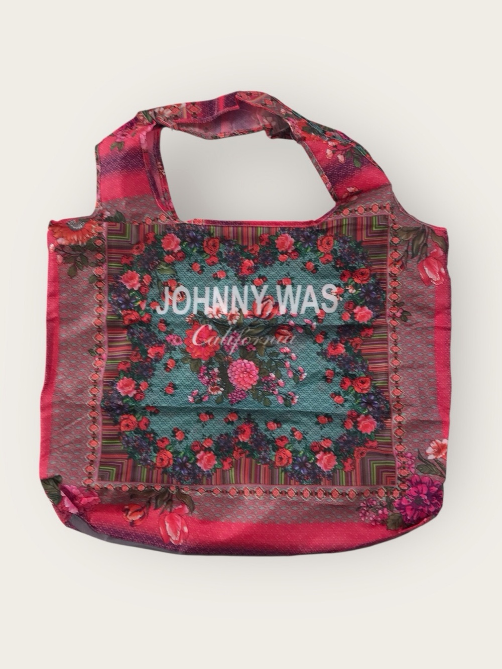 Johnny Was CA Tote Bag NWOT Black Pink Teal Floral Folds/Reusable Shopping Bag